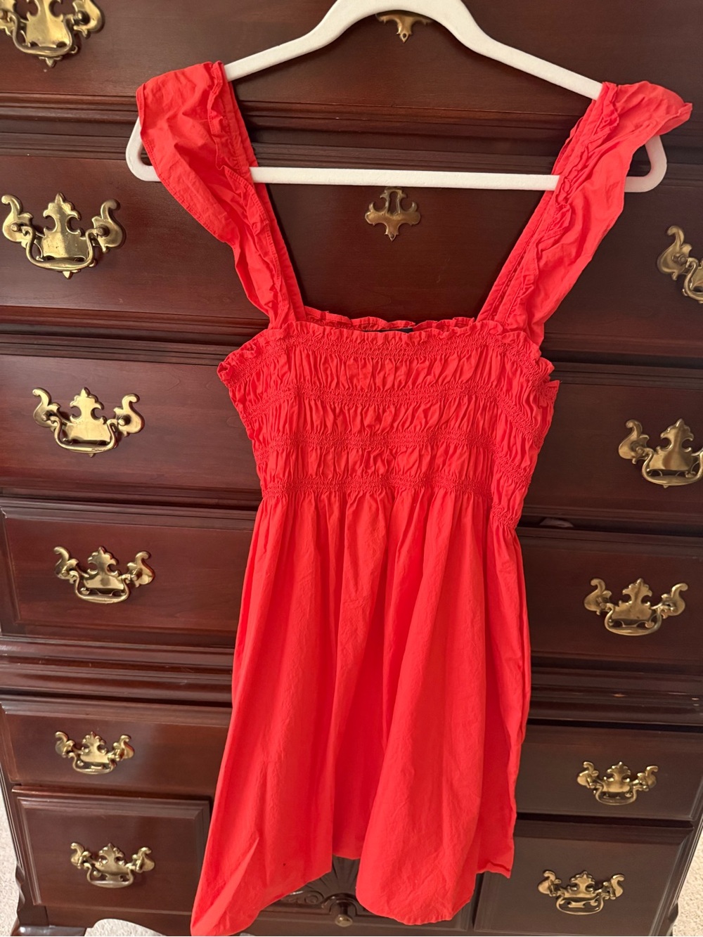 French Connection CoralRed Smocked Mini Dress with Ruffle Straps